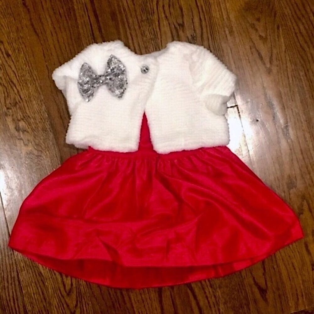 Red Velvet Party Dress White Faux Fur Shrug & Bow - Picture 9 of 14